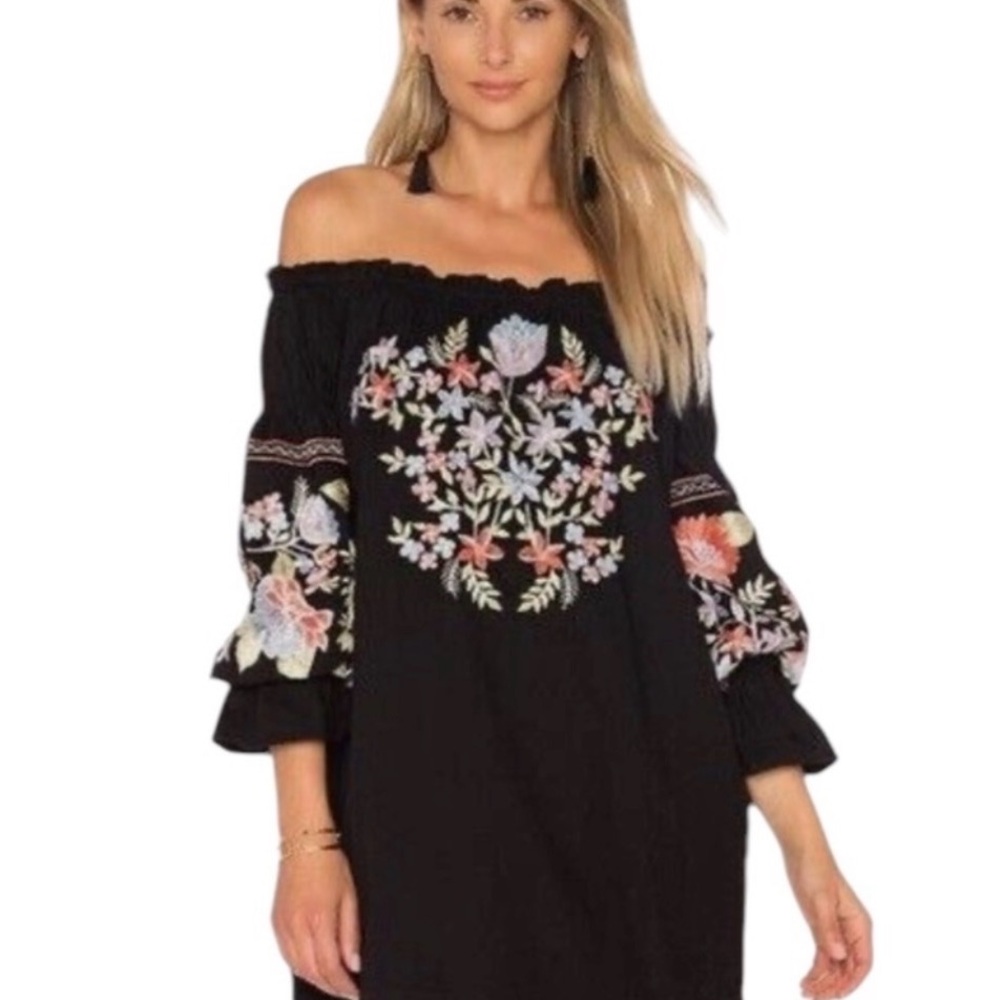 Free People medium Floral Embroidered Off-Shoulder Black Dress